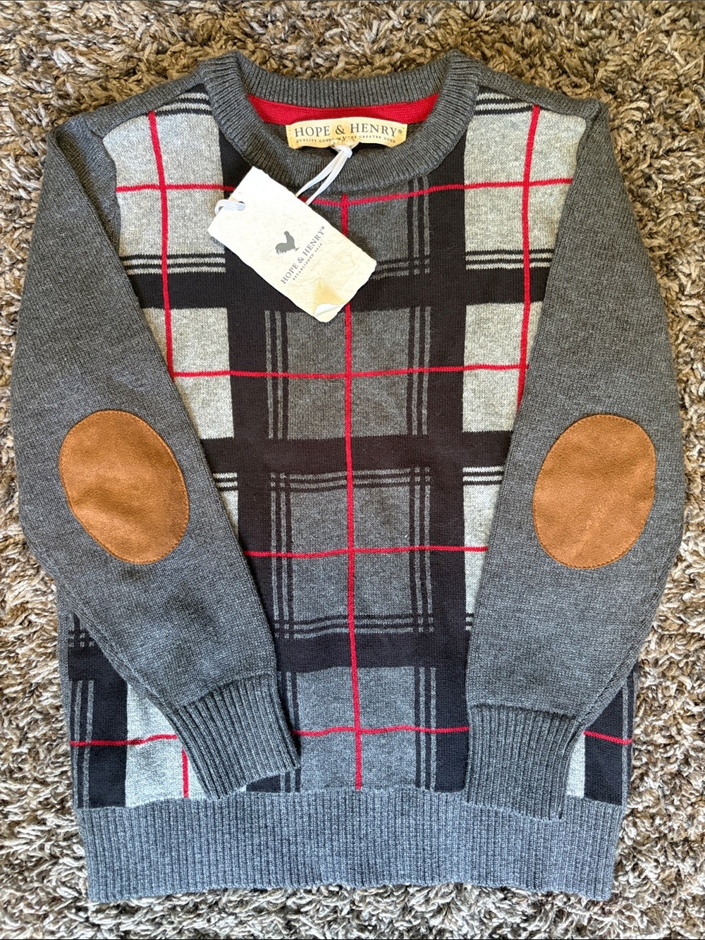 Little boys Gray Plaid Crewneck Sweater with Red Accents
